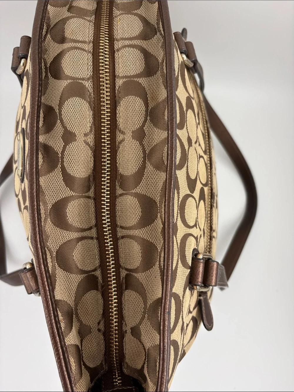 Coach Beige Brown Signature Canvas Tote with Dark Brown Straps